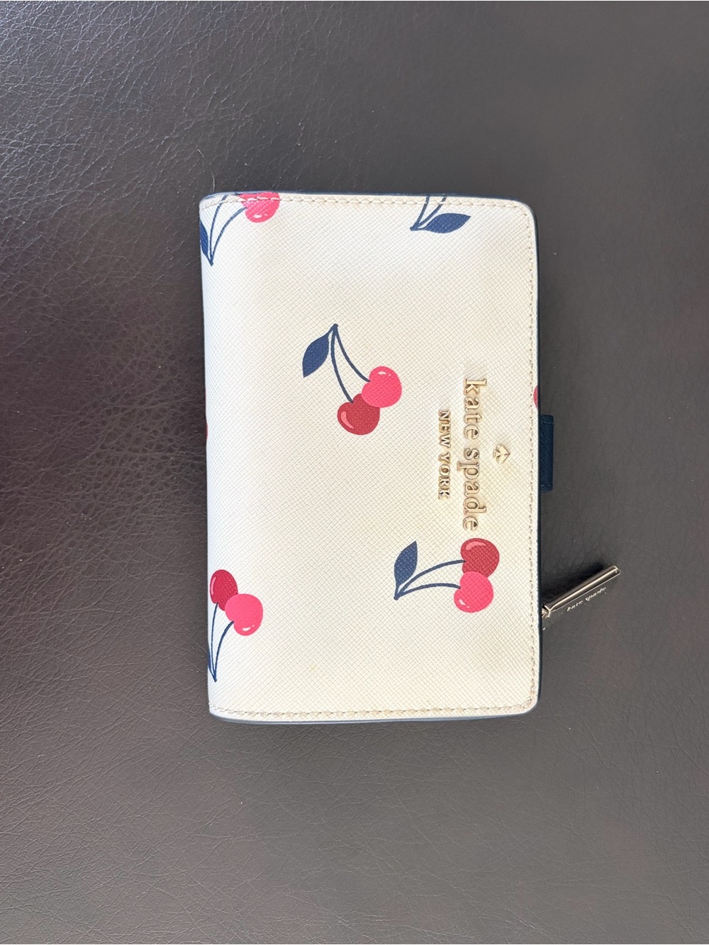 kate spade Cream Cherry Print Zip Card Holder with Gold Logo